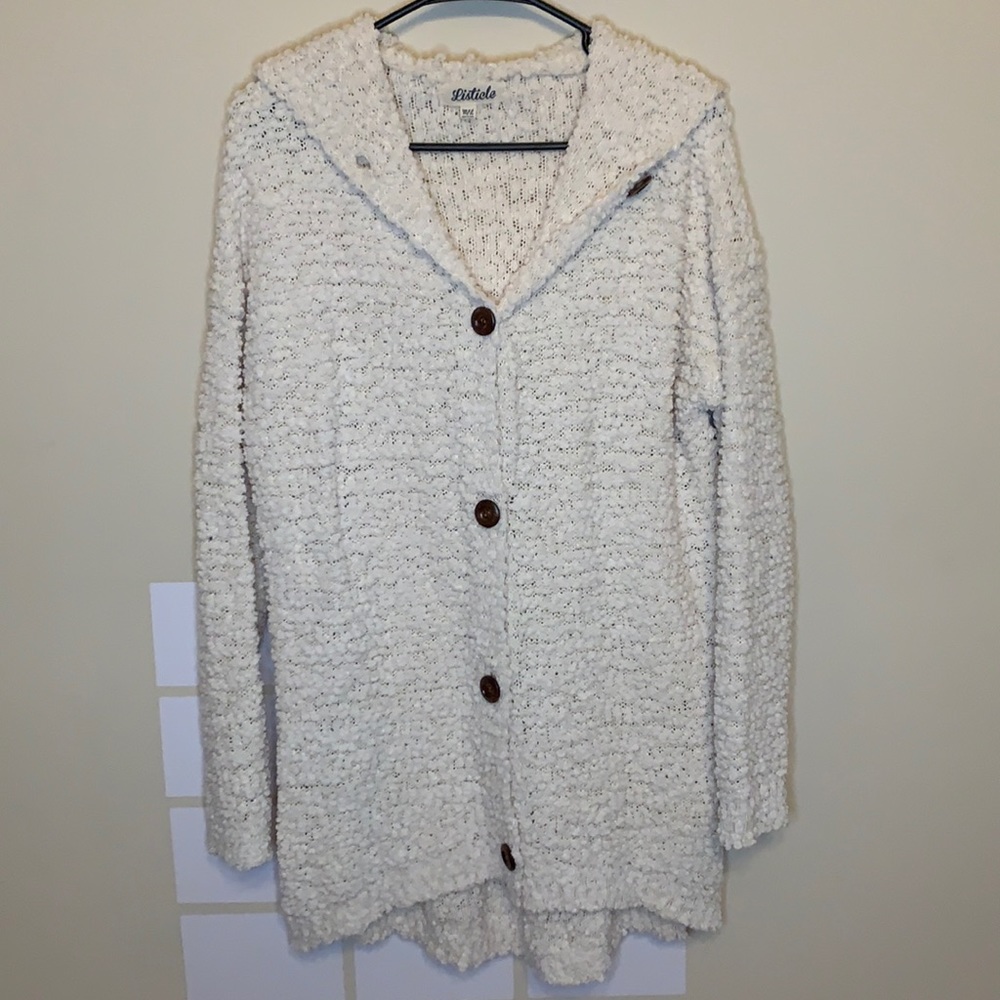 Listicle Chunky Fuzzy Popcorn Knit Button Front Long Lined Cardigan Hoodie Sz ML